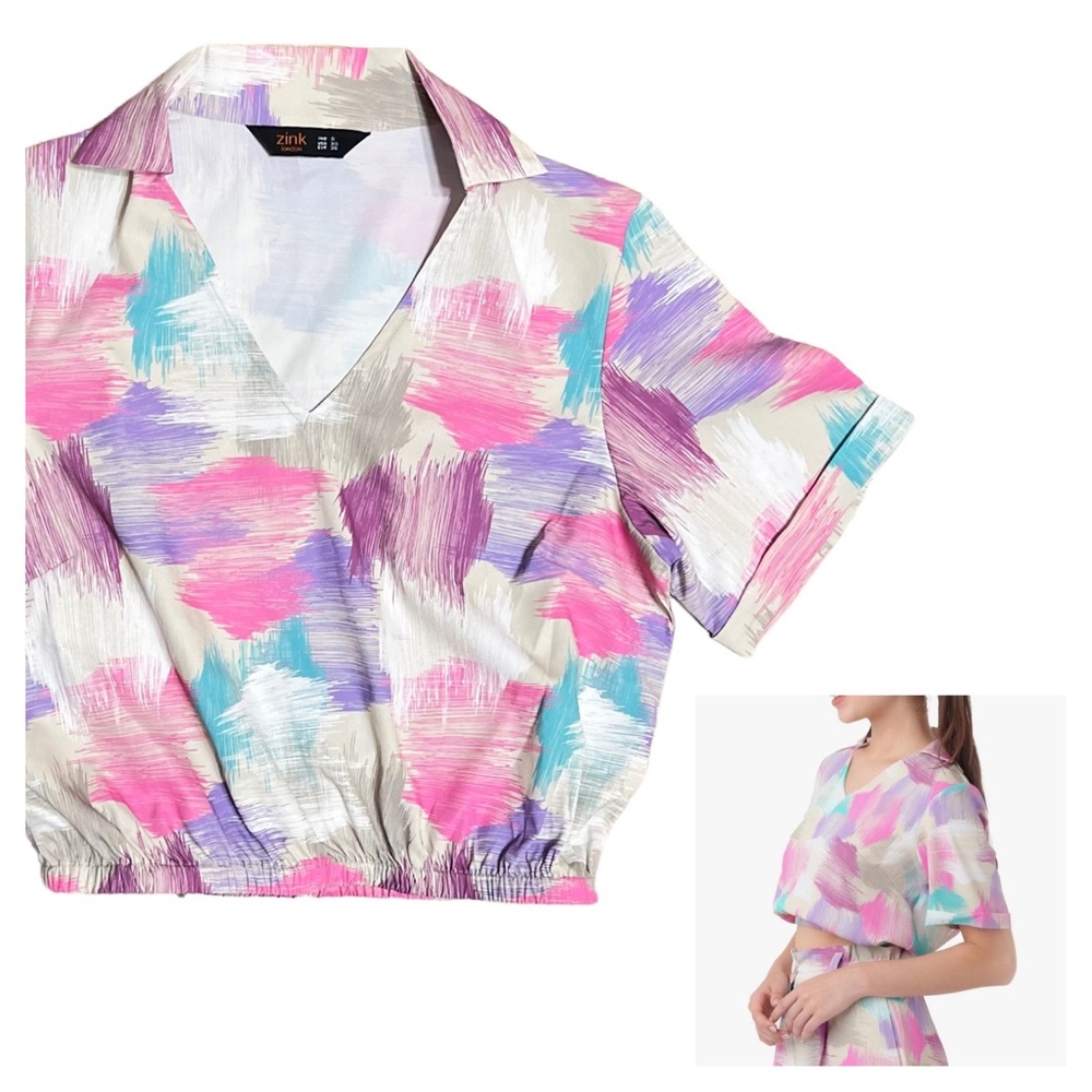 Zink London Multicolor Abstract Crop V-Neck Button-Up Blouse Women’s Size XS - Picture 1 of 10